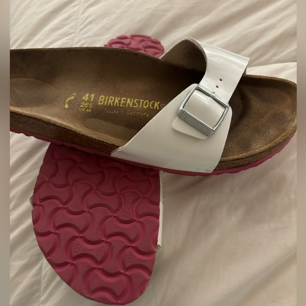Birkenstock Madrid White Birko-flor with pink bottoms